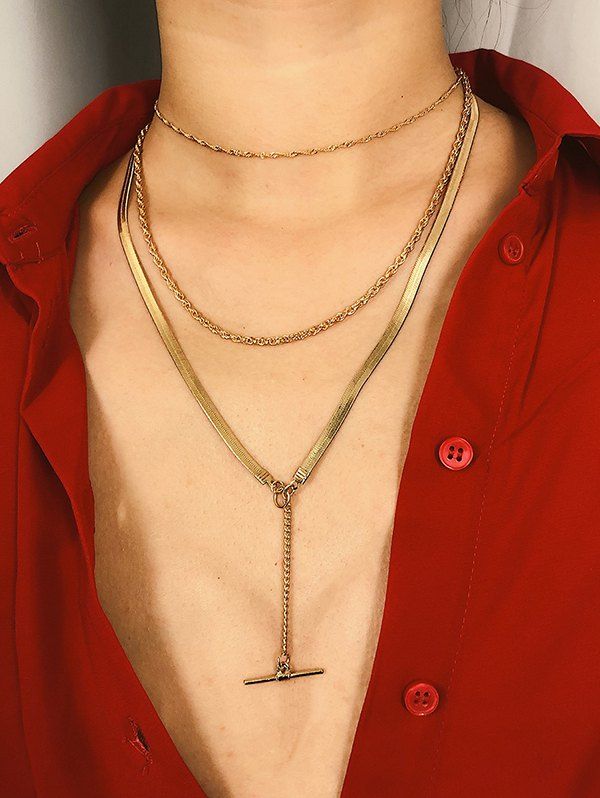 

Simple Bar Multilayered Chain Necklace, Gold