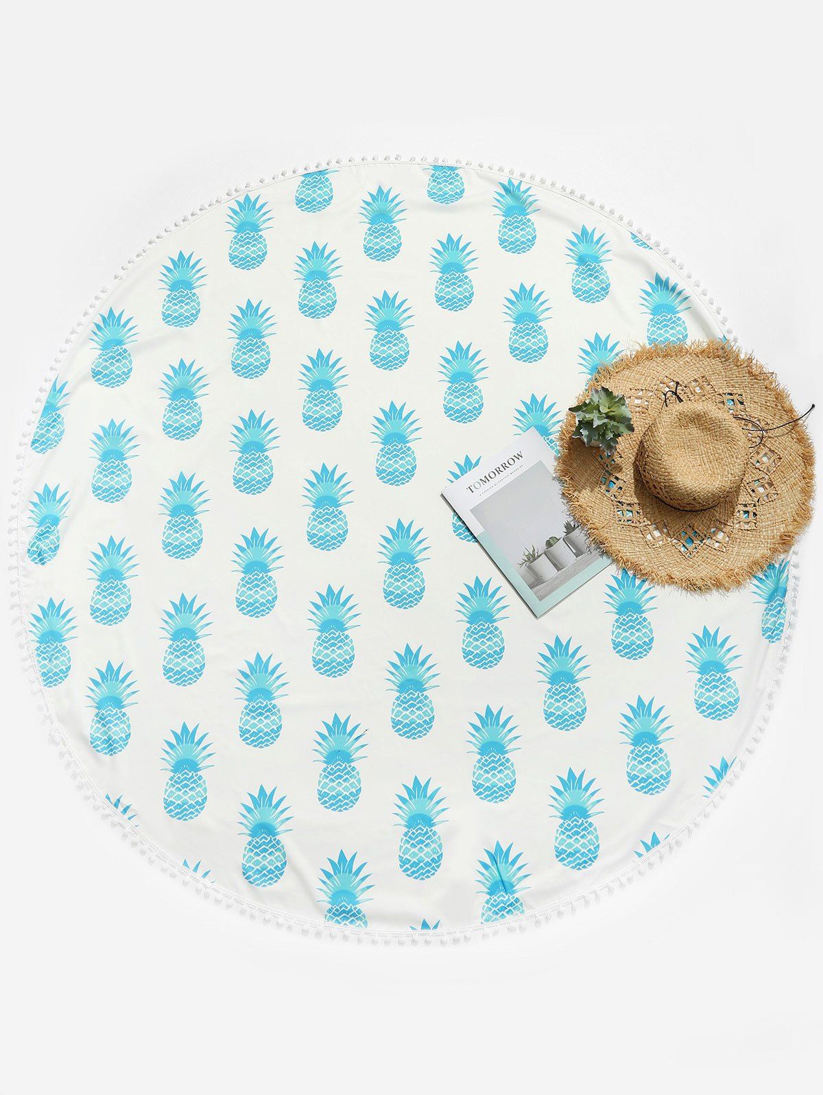 

Pompom Fringed Pineapple Round Beach Throw, Macaw blue green