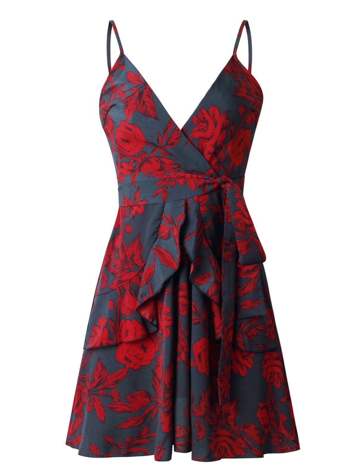 

Flower Ruffled Cami Belted Dress, Red wine