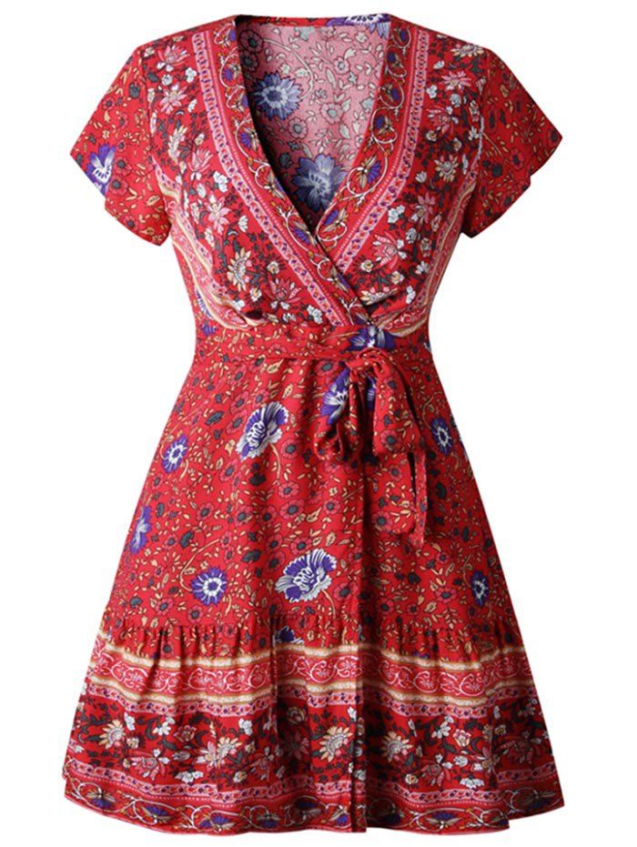 

Plunge Belted Surplice Flower Dress, Ruby red