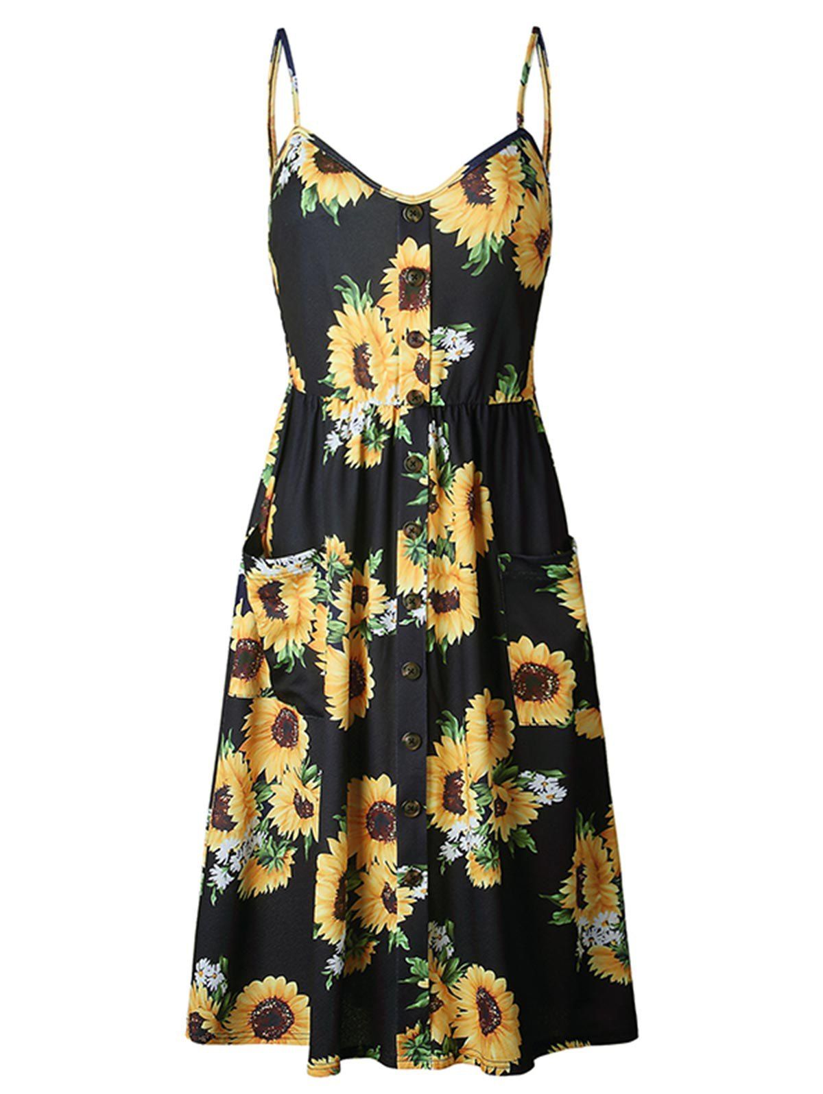 

Buttoned Sunflower Cami Pocket Dress, Multi