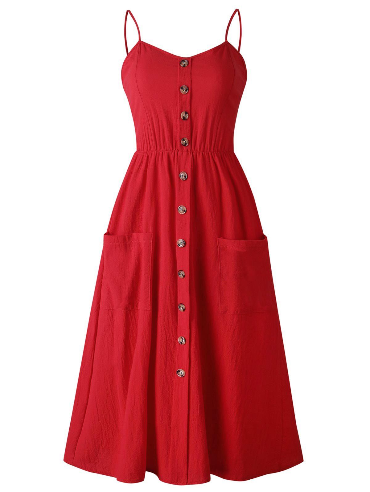 

Smocked Back Buttoned Cami Dress, Red