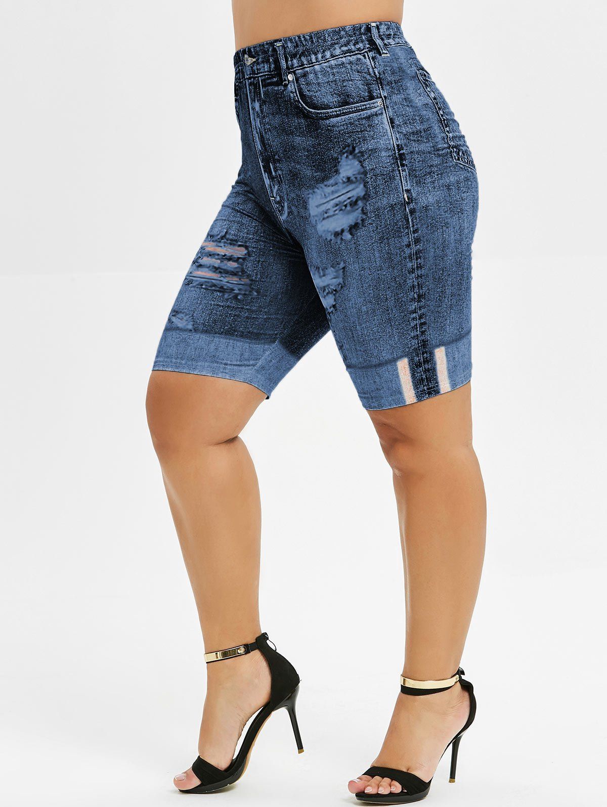 

3D Jean Print Plus Size Mini Leggings, Denim dark blue