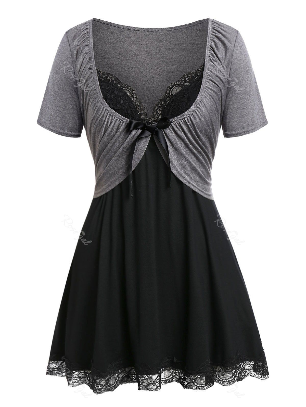 

Plus Size Pleated T Shirt with Lace Panel Tank Top, Carbon gray