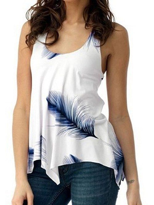 

U Neck Feather Print Lace Up Tank Top, Blueberry blue