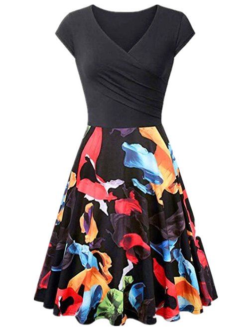 

V Neck Printed Flare Dress, Black