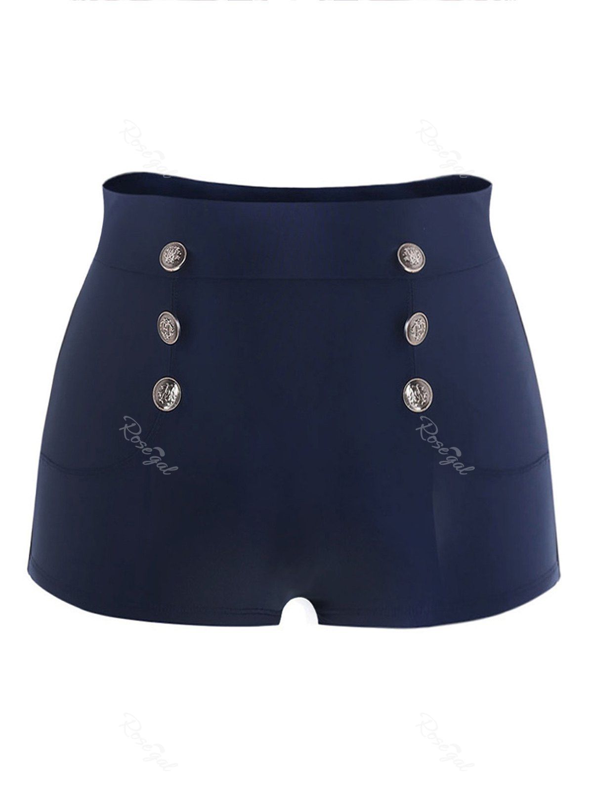 

Plus Size High Waist Button Detail Swim Briefs, Navy blue