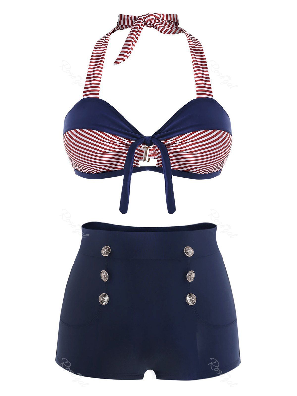 

Openback Plus Size Striped Panel Bikini Set, Navy blue
