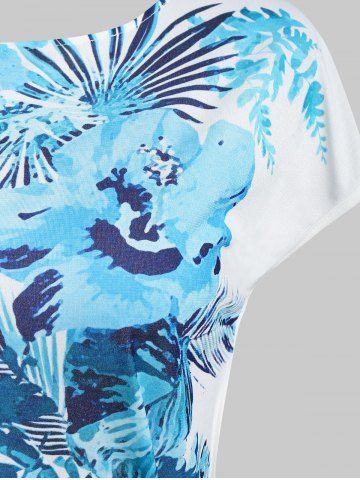 

Printed Asymmetric Round Collar T Shirt with Tie, Multi-d