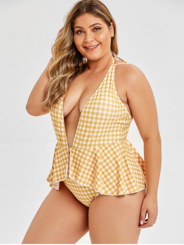 

Gingham Print Plus Size Ruffle Trim Swimwear, Golden brown