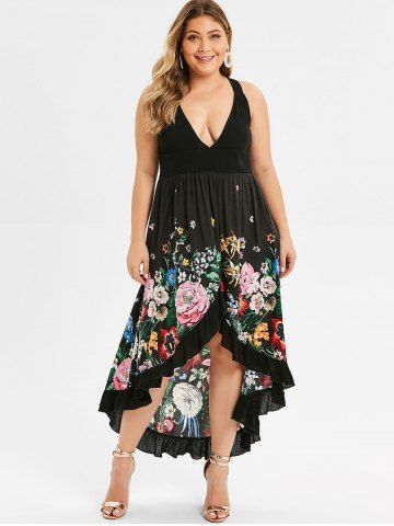 

Plus Size Floral Plunge Asymmetric Flounce Dress, Jet black