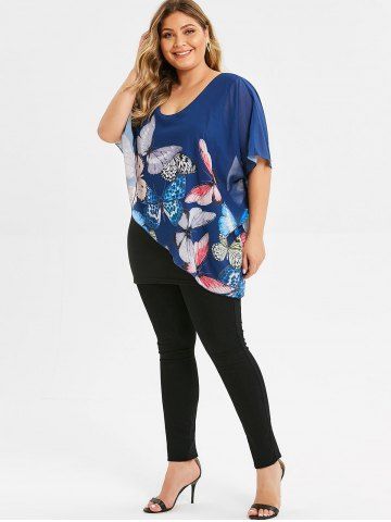 

Asymmetric Plus Size Butterfly Overlay Blouse, Cadetblue