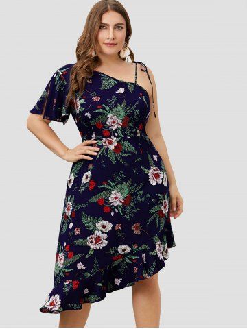 

Plus Size Asymmetrical Floral Print Flounce Dress, Deep blue