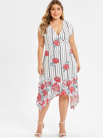 

Plus Size Asymmetric Striped Floral Midi Dress, Multi-a