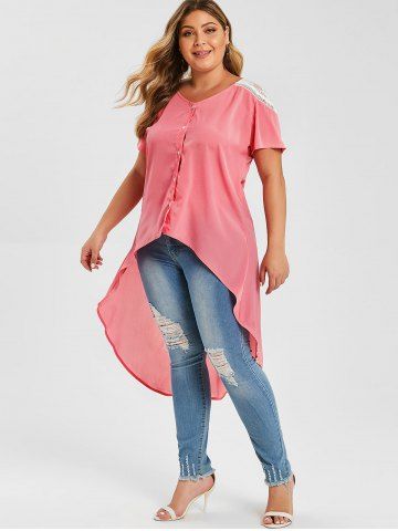 

Plus Size High Low Lace Panel Blouse, Pink