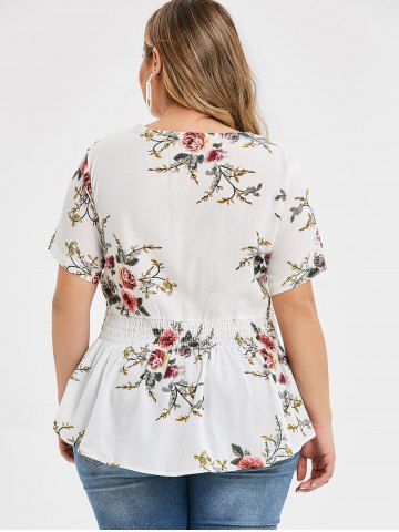 

Plus Size Zipper Shirred Floral Blouse, White