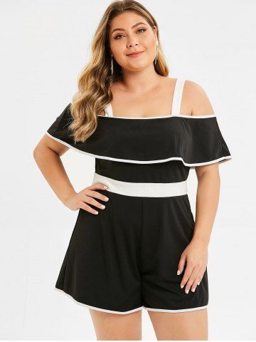 

Plus Size Ruffle Contrast Trim Open Shoulder Romper, Black