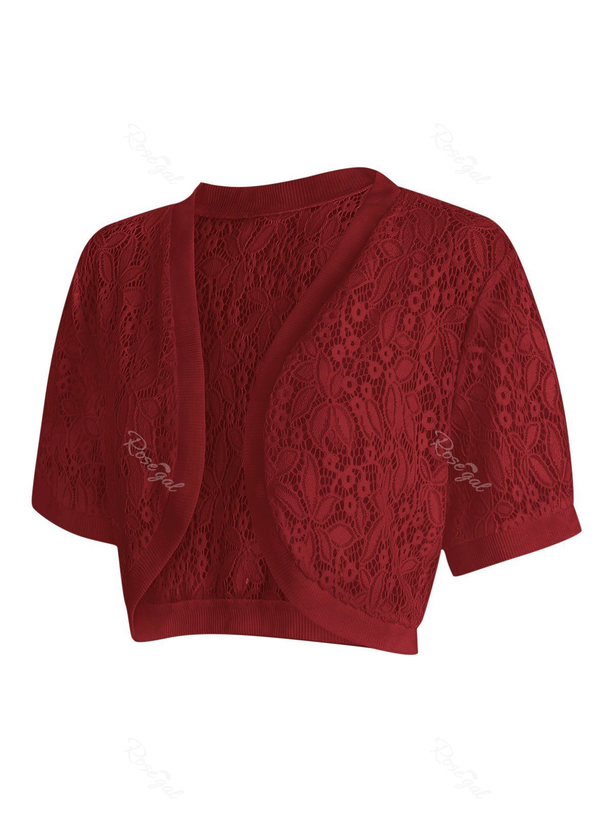 

Lace Panel Plus Size Collarless Crop Top, Red wine