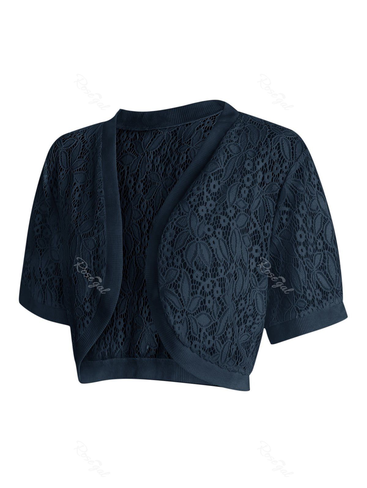 

Lace Panel Plus Size Collarless Crop Top, Dark slate blue