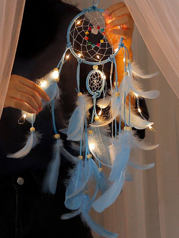 

Handmade LED Light Bead Feather Dream Catcher, Light sky blue