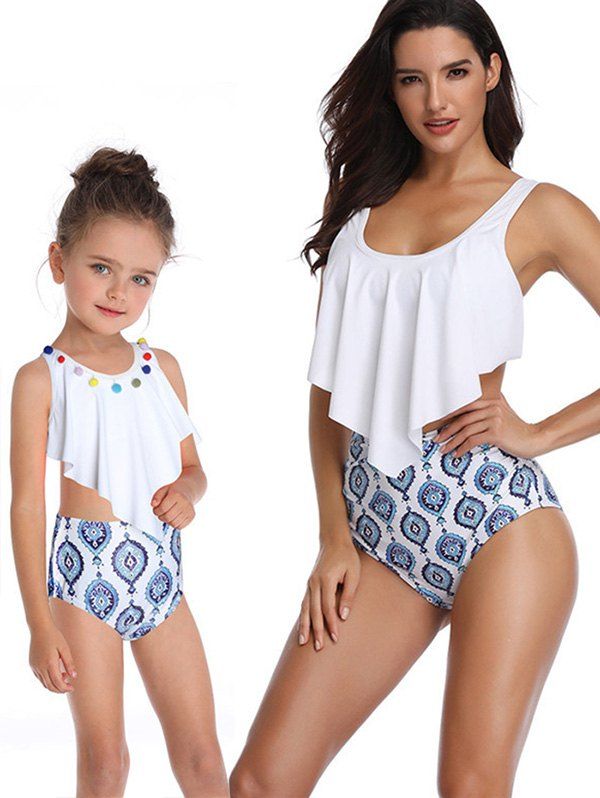 

U Neck Printed Overlay Family Swimsuit, White