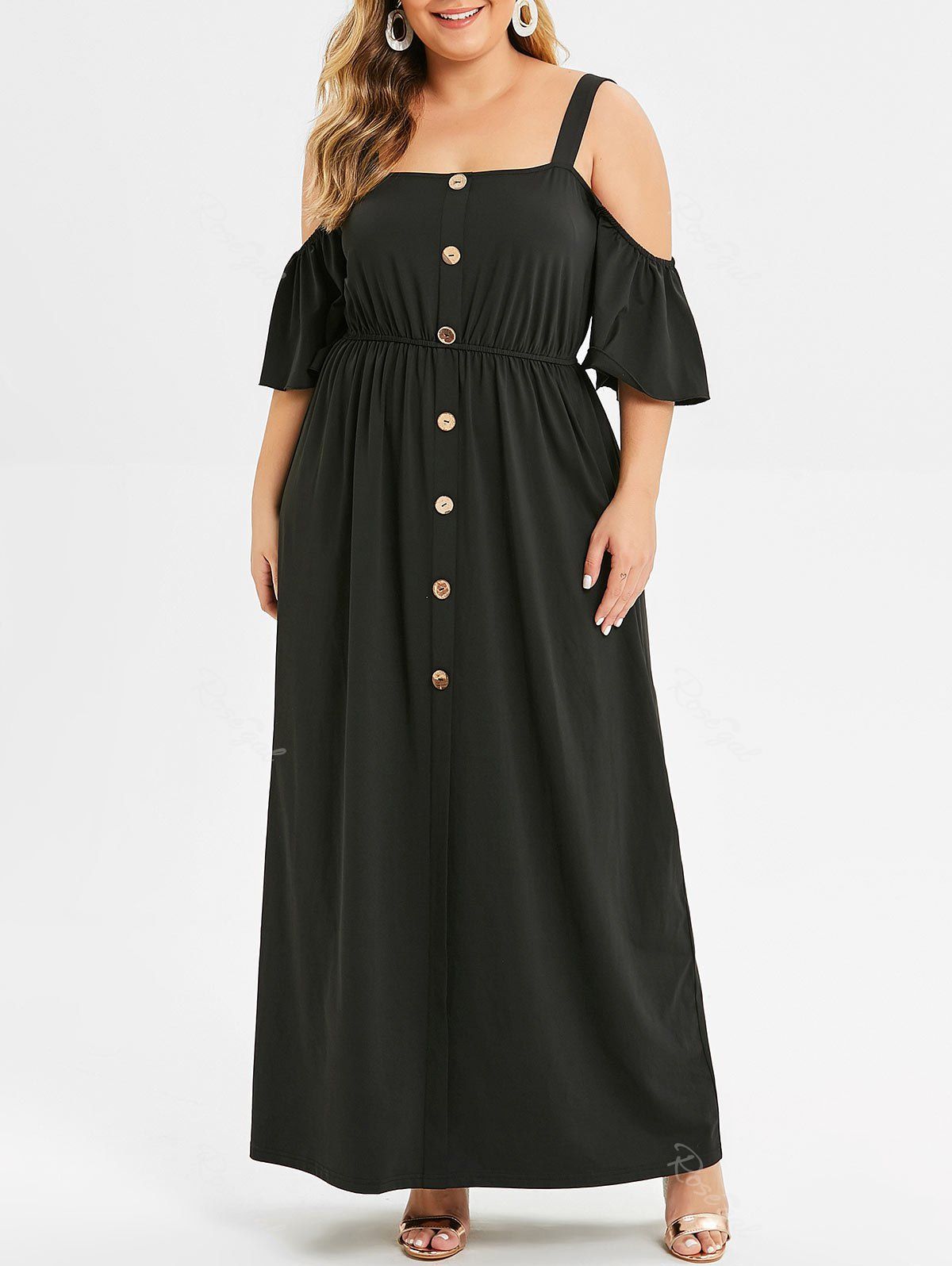 

Open Shoulder Buttoned Plus Size Maxi Dress, Black