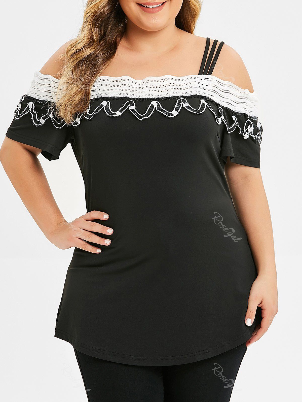 

Cold Shoulder Plus Size Straps Fringed Tee, Black