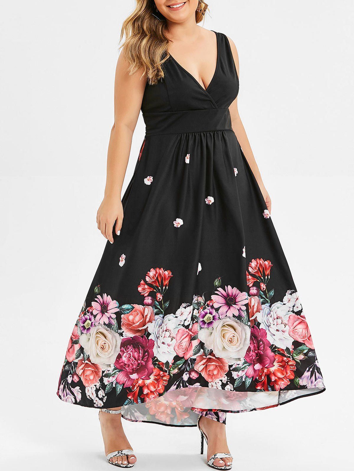 

Plus Size Surplice Flower Maxi Prom Dress, Black