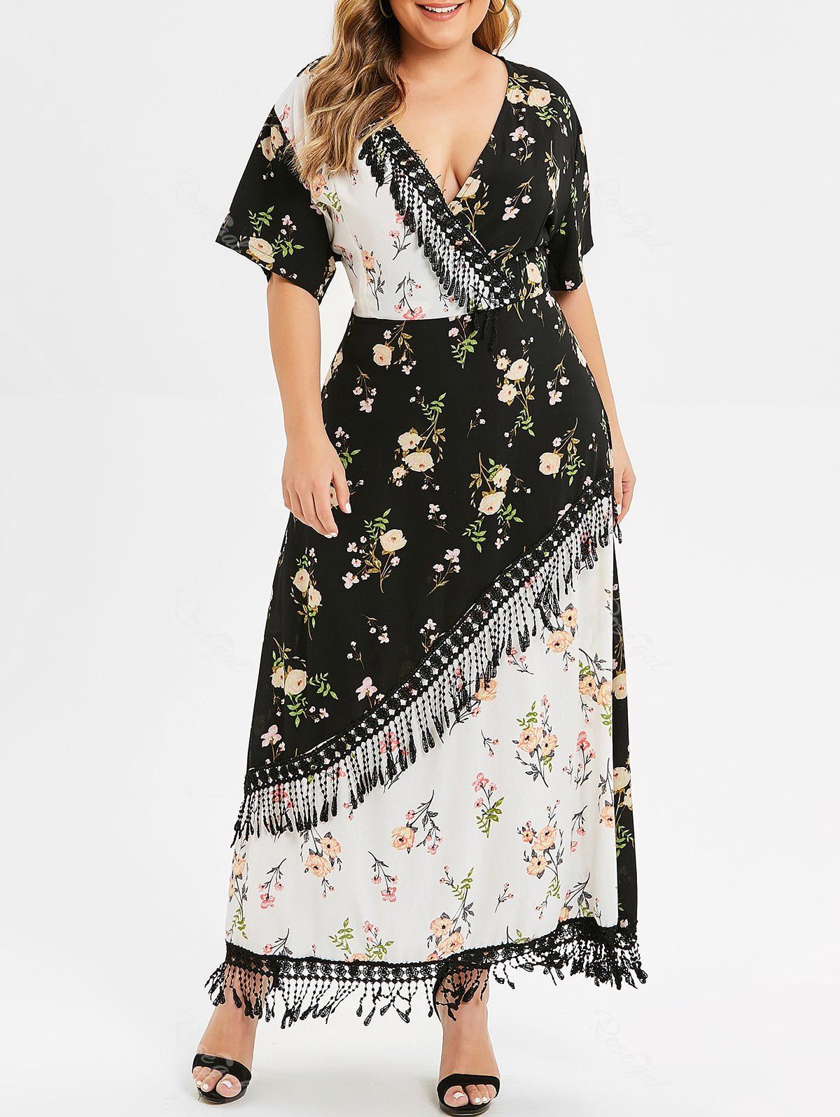 

Plus Size Color Block Maxi Floral Dress, Multi-a