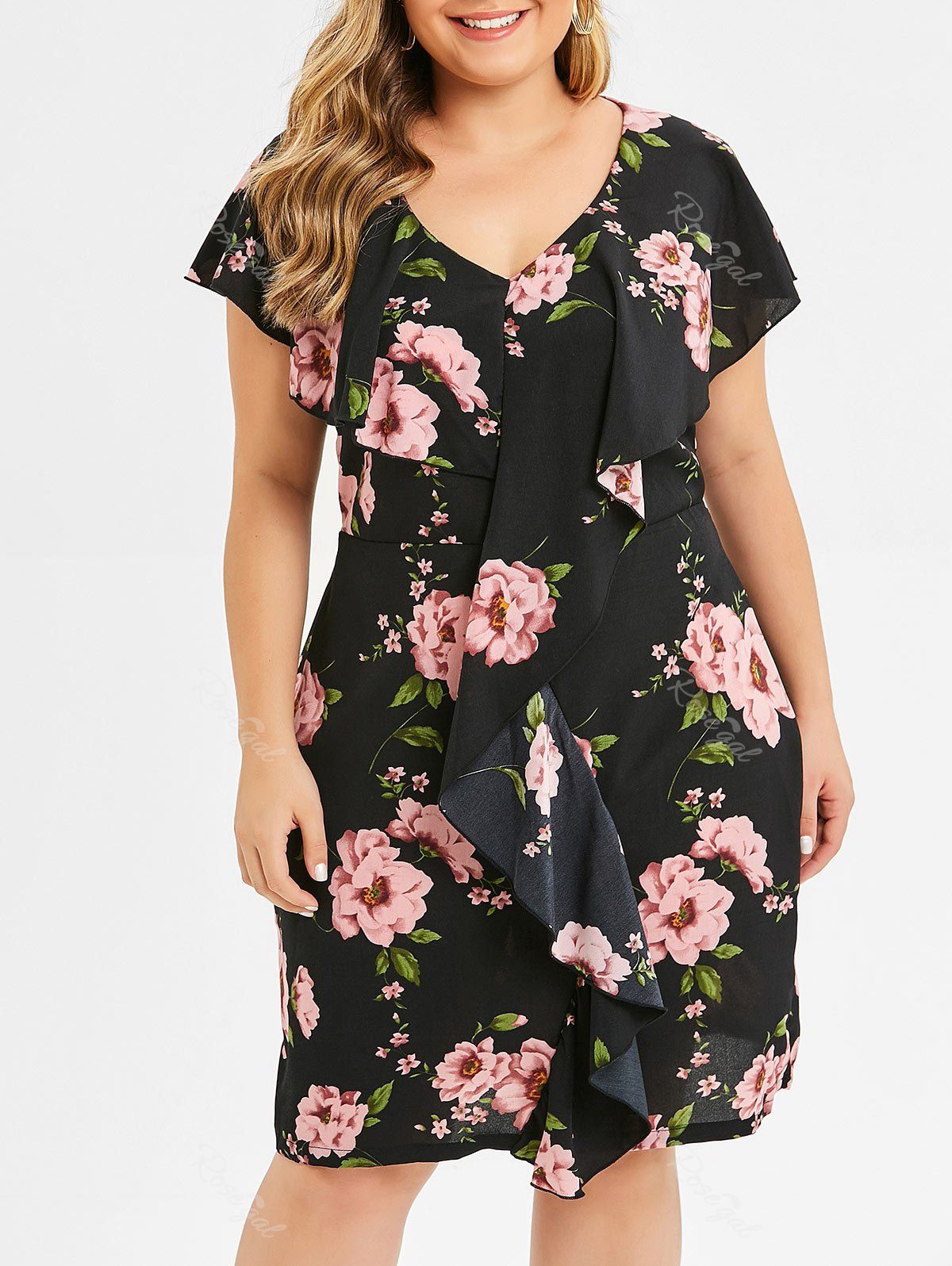 

Floral Ruffle Plus Size Dress, Black