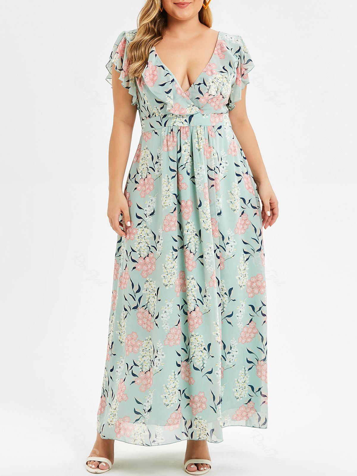 

Plus Size Plunge Floral Print Maxi Dress, Dark turquoise