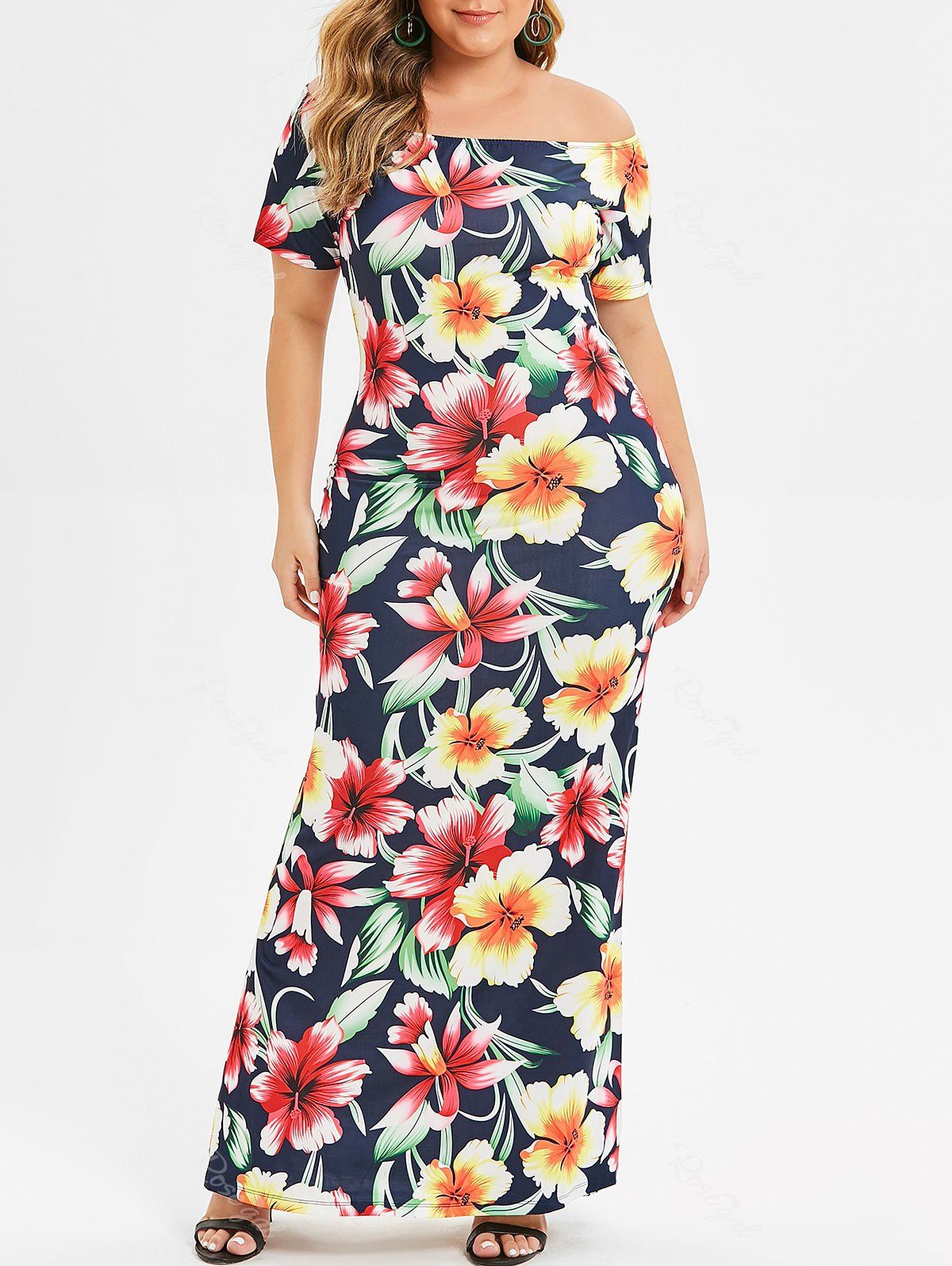 

Floral Plus Size Maxi Off Shoulder Dress, Multi-b