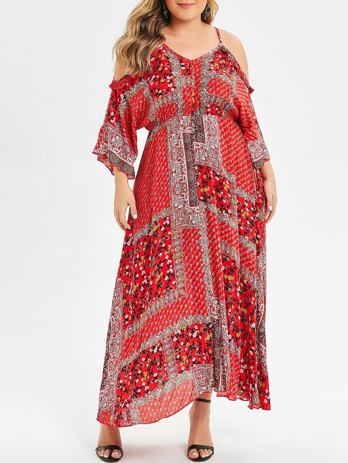 

Plus Size Floral Open Shoulder Maxi Dress, Lava red