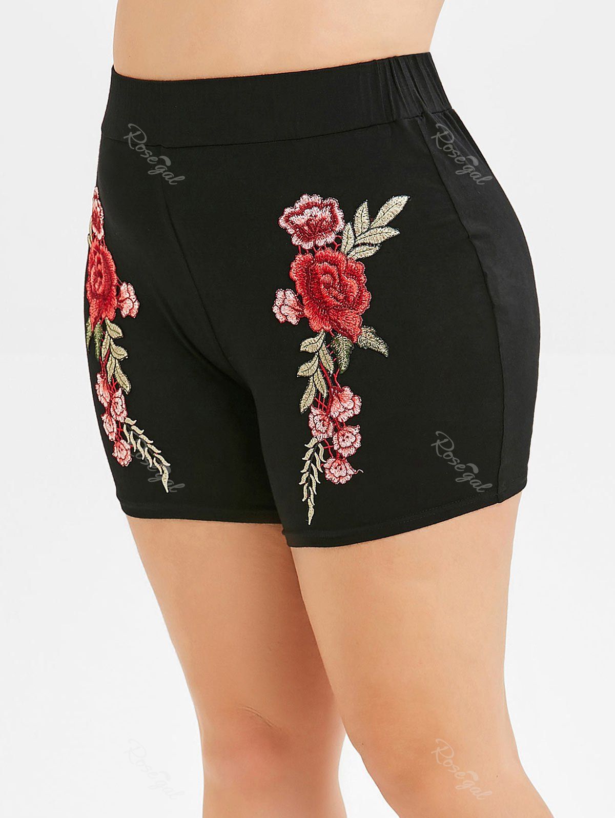 

Flower Embroidered Plus Size Skinny Shorts, Black