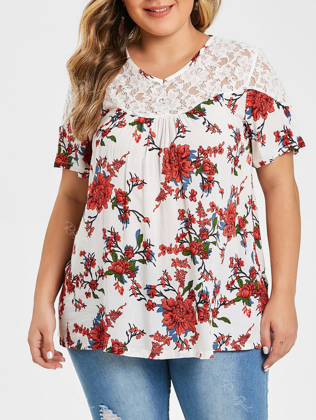 

Plus Size Lace Panel Floral Tunic, White