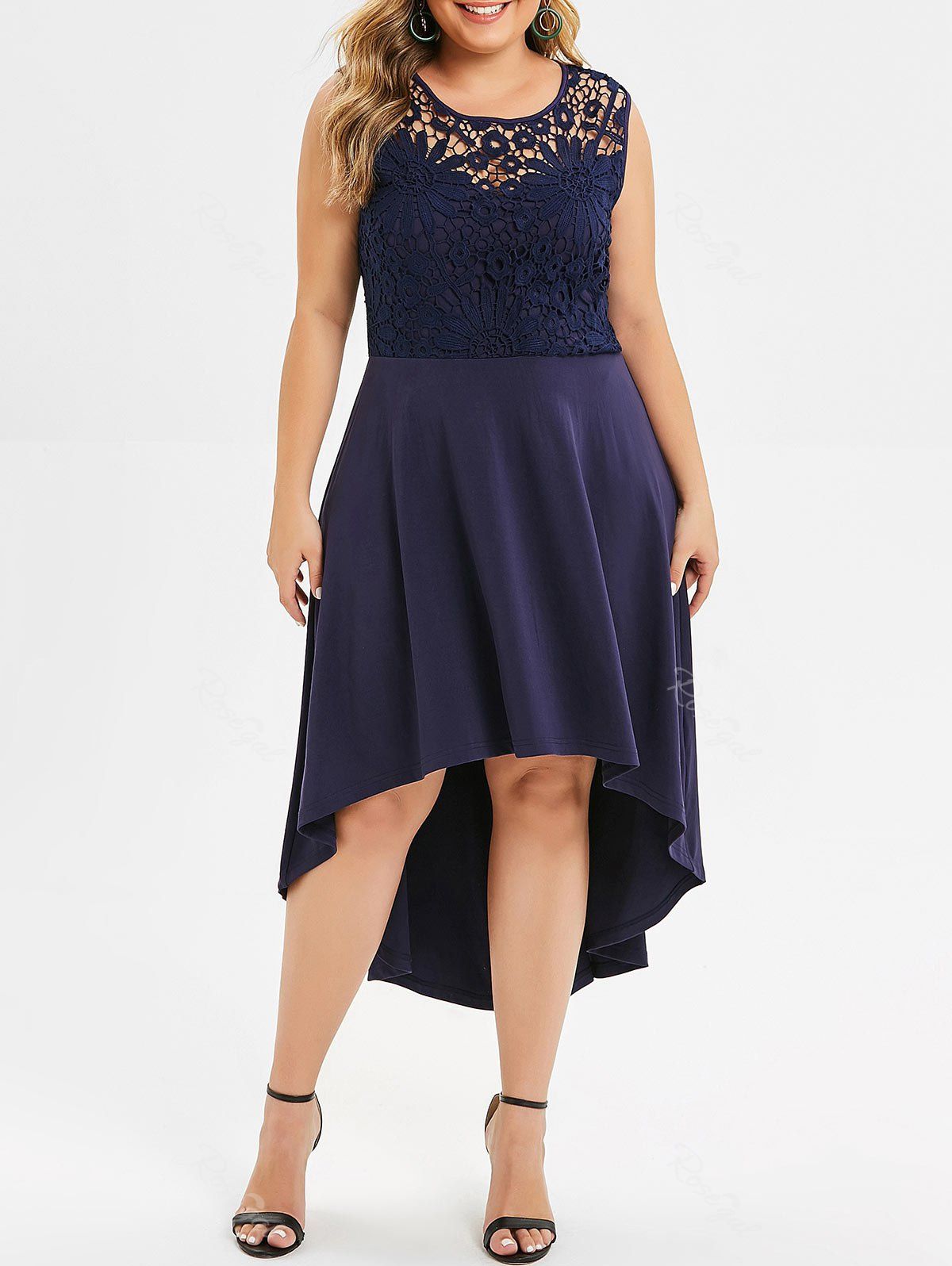 

Plus Size Lace Panel High Low Midi Flare Dress, Midnight blue
