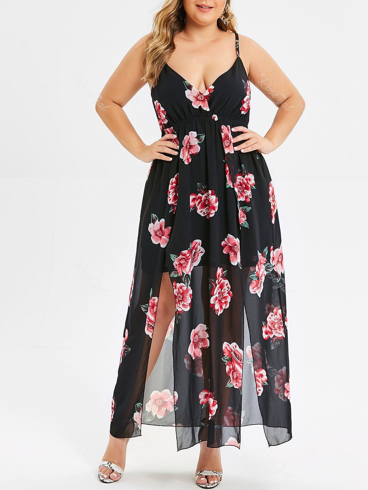 [50% OFF] Plus Size Spaghetti Strap High Slit Floral Maxi Dress | Rosegal