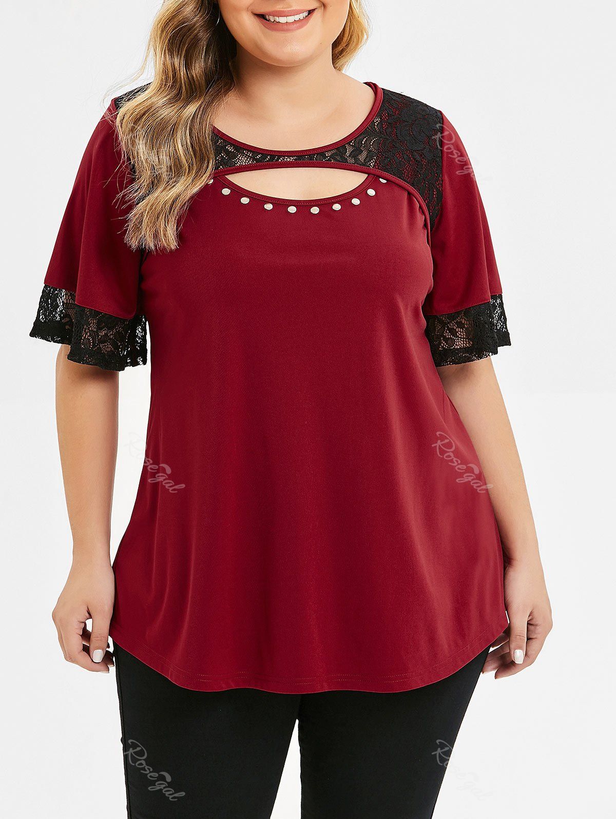 Plus Size Cut Out Grommet Embellished T-shirt, Red wine