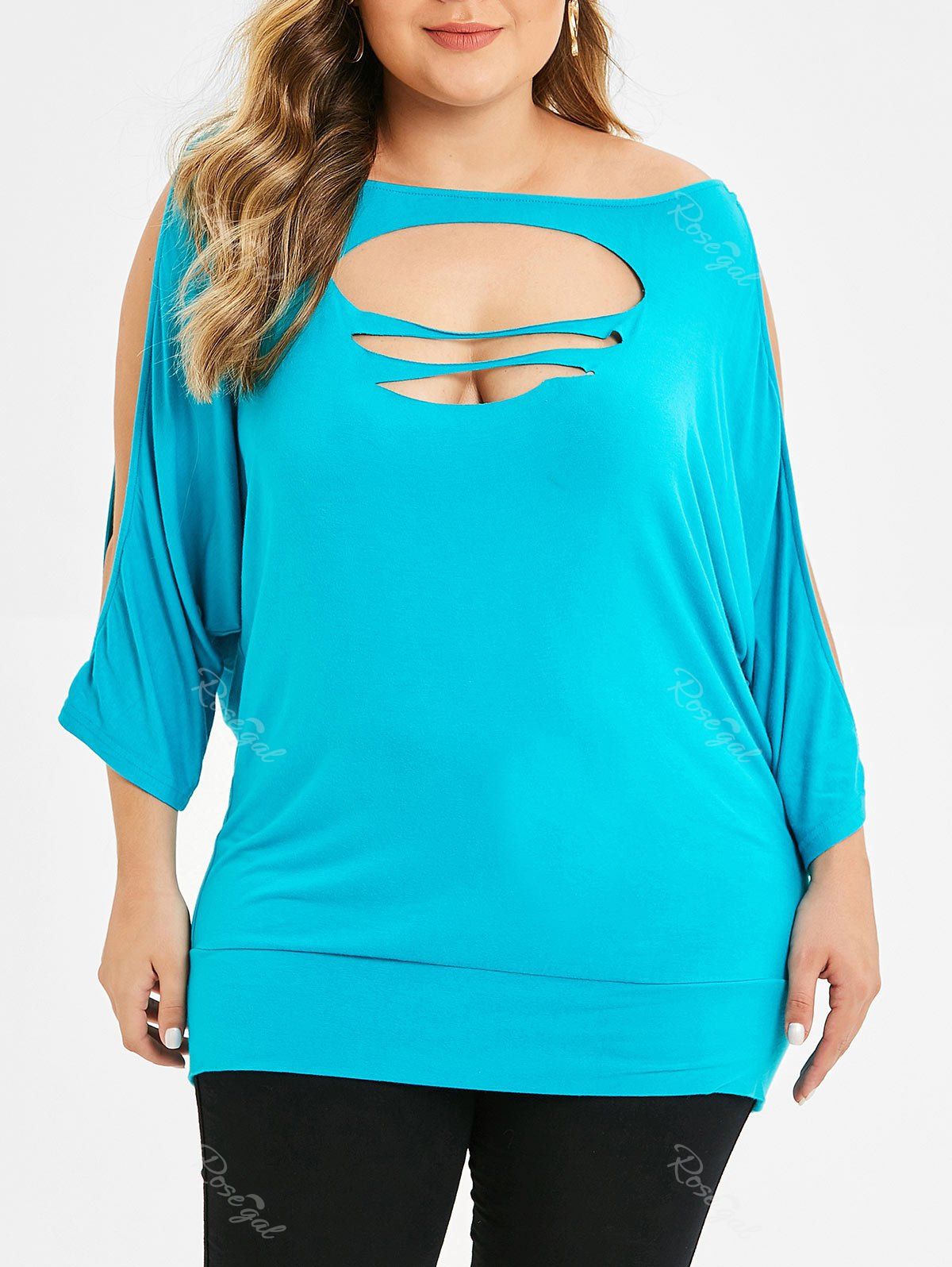 

Plus Size Cut Out Solid T Shirt, Deep sky blue