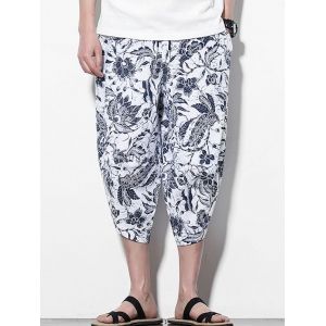 

Flower Printed Casual Harem Pants, White