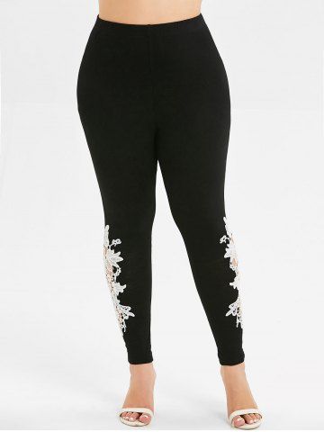 

High Waisted Crochet Patched Plus Size Leggings, Black