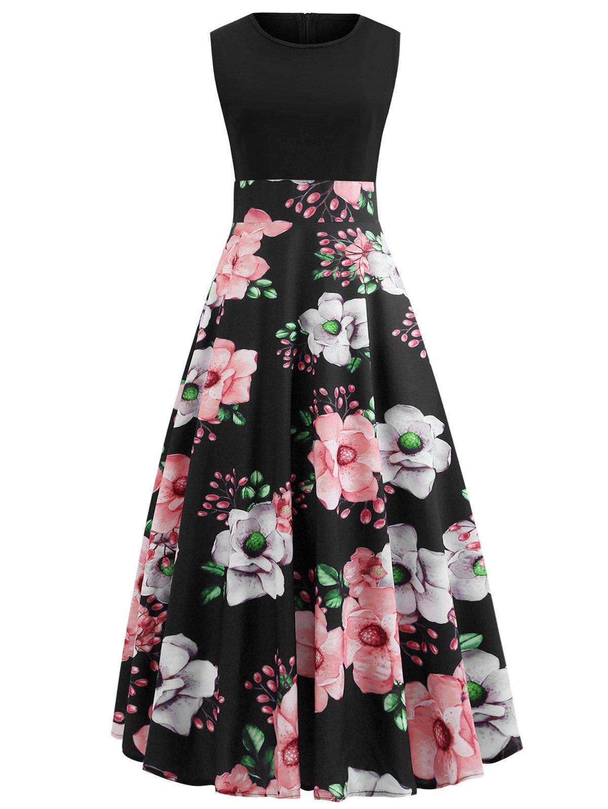 

Round Neck Floral Print Sleeveless Maxi Dress, Black