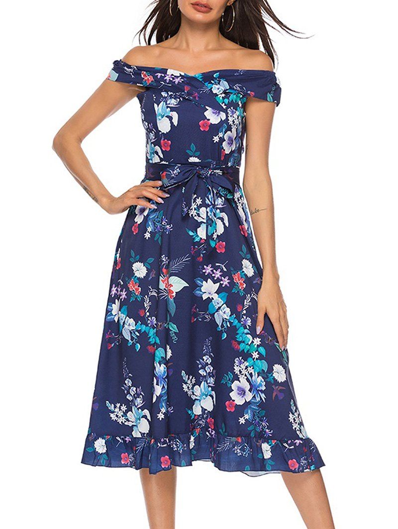 

Flower Off Shoulder Belted Dress, Multi-a