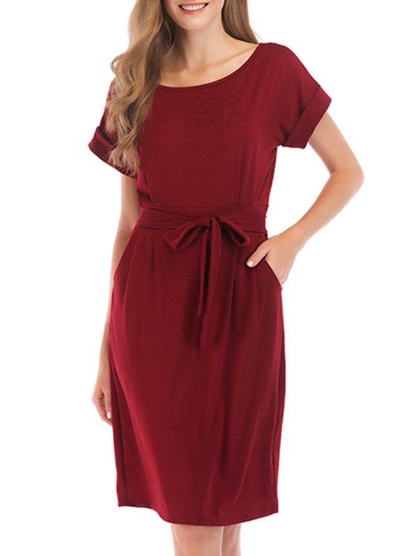 

Rolled Sleeve Pocket Knee Length Dress, Red wine