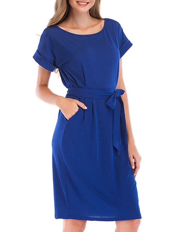 

Rolled Sleeve Pocket Knee Length Dress, Blue