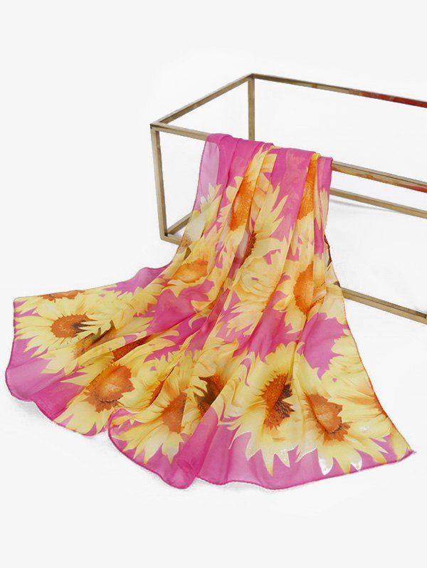 

Sunflower Print Chiffon Long Scarf, Rose red