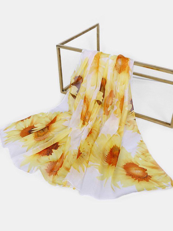 

Sunflower Print Chiffon Long Scarf, White