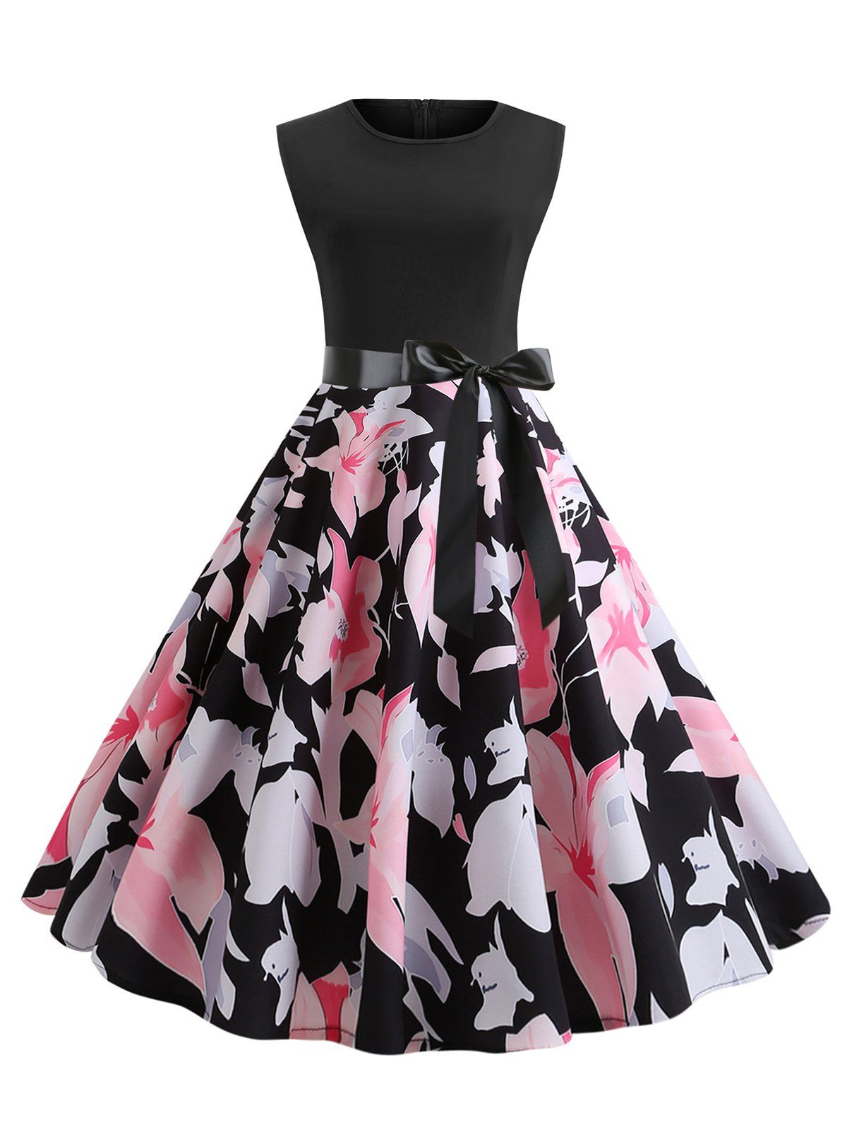 

Floral Print Belted Sleeveless Flare Dress, Black