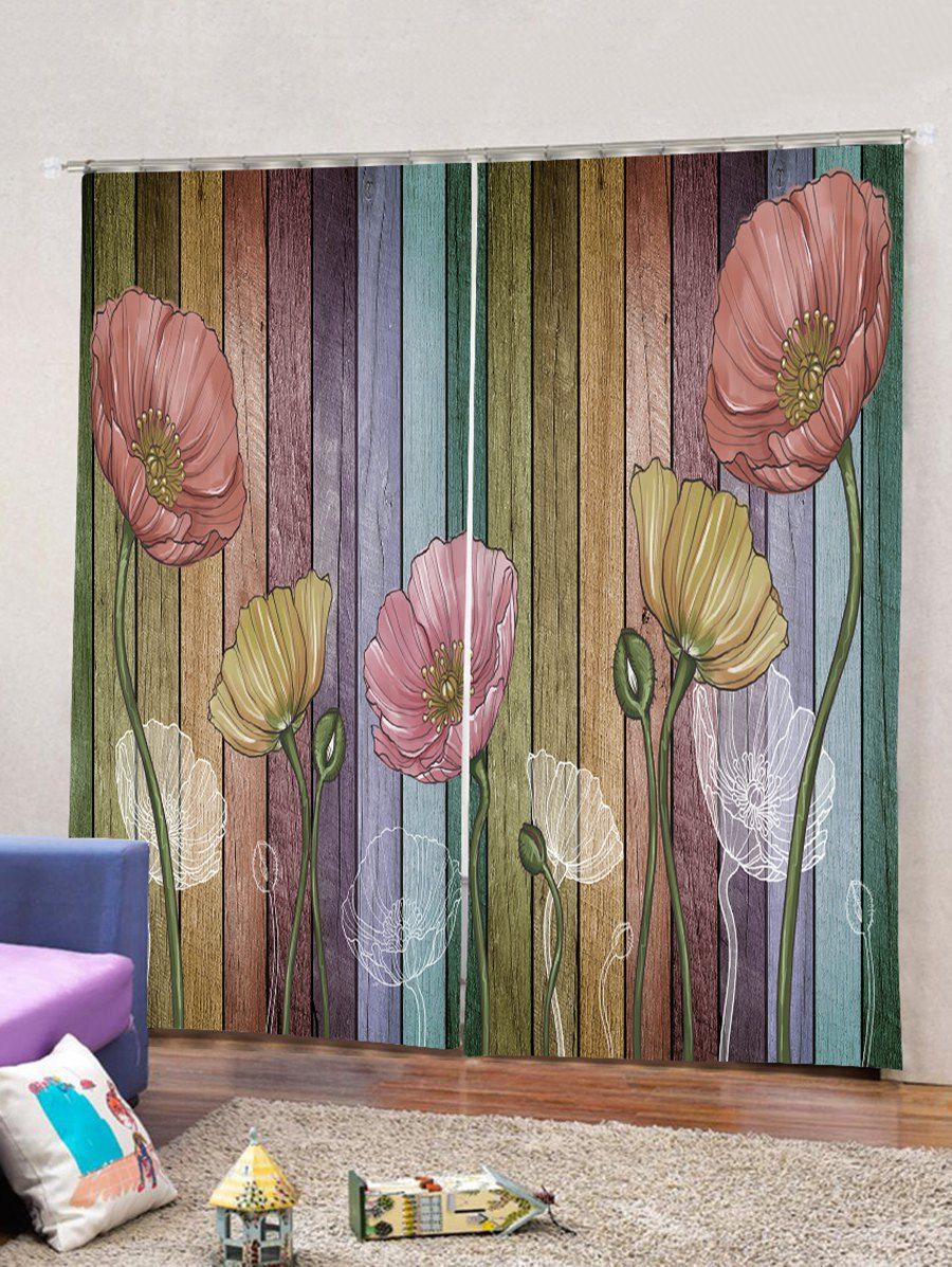 

2PCS Wooden Flower Pattern Window Curtains, Pink rose