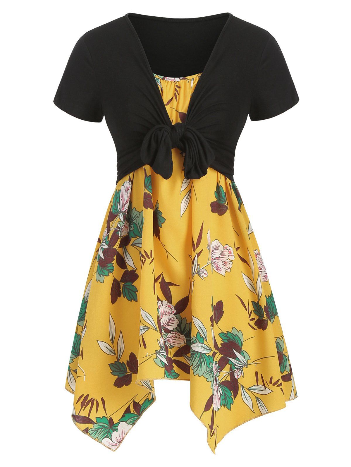 

V Neck Floral Print Two Piece Wrap Tee, Bright yellow